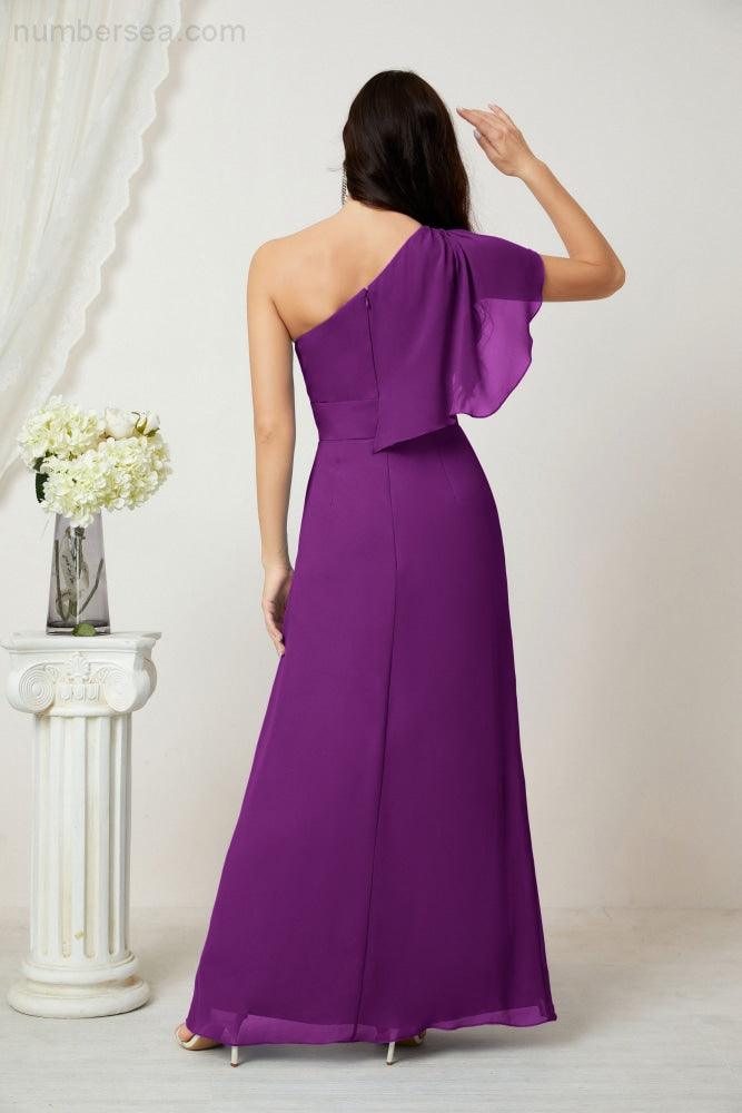 Abito da Sera Formale A-line con Spalla Singola e Balze in Chiffon, Spacco Laterale, per Damigelle, Modello 2809