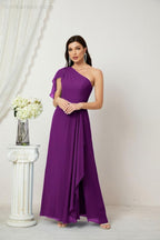 Abito da Sera Formale A-line con Spalla Singola e Balze in Chiffon, Spacco Laterale, per Damigelle, Modello 2809
