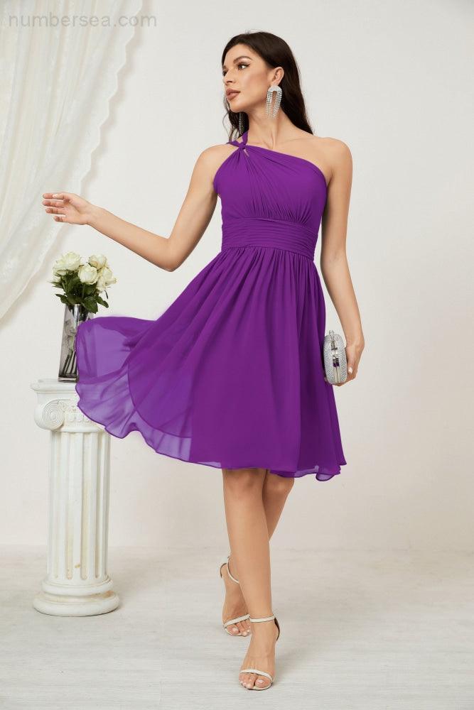 Numbersea Damen Chiffon Kurzes Ein-Schulter Brautjungfernkleid Festliche Kleider für Feier Heimkehr 2804
