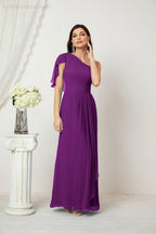 Abito da Sera Formale A-line con Spalla Singola e Balze in Chiffon, Spacco Laterale, per Damigelle, Modello 2809