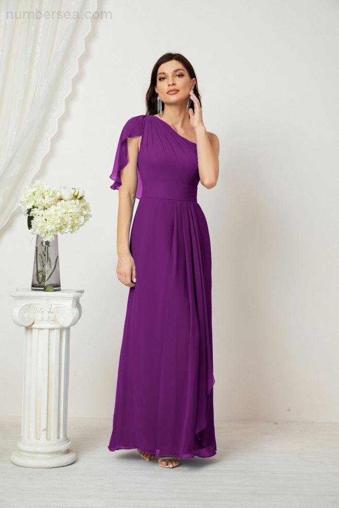 Abito da Sera Formale A-line con Spalla Singola e Balze in Chiffon, Spacco Laterale, per Damigelle, Modello 2809