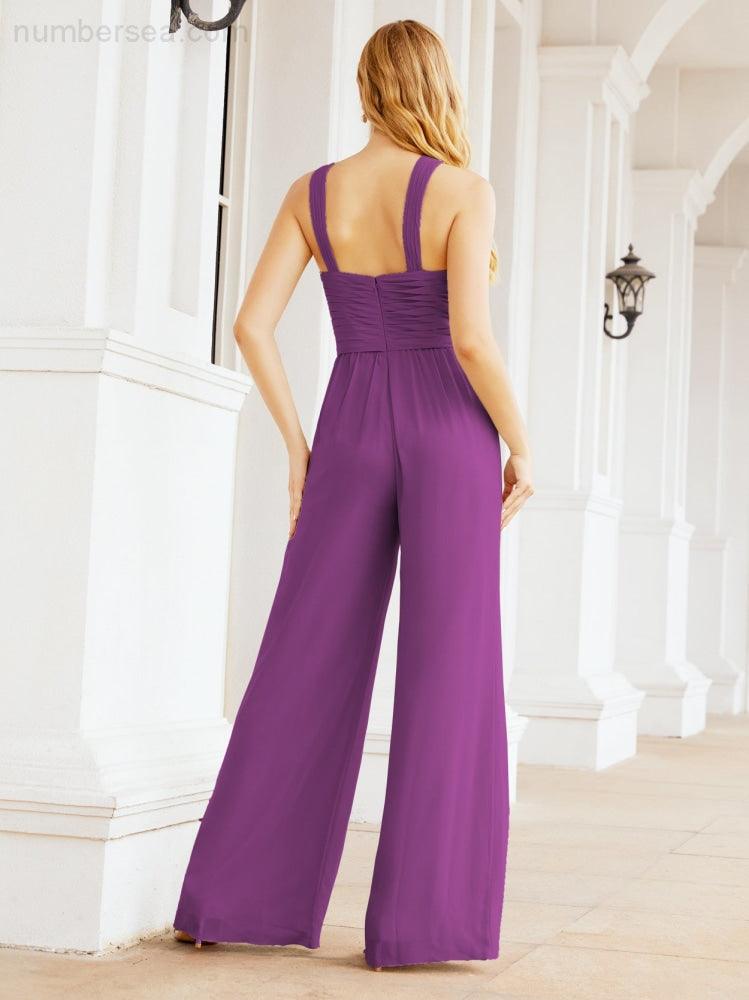 Tuta da sera elegante Numbersea con scollo incrociato, abito lungo per damigella, pantaloni a zampa d'elefante 28033