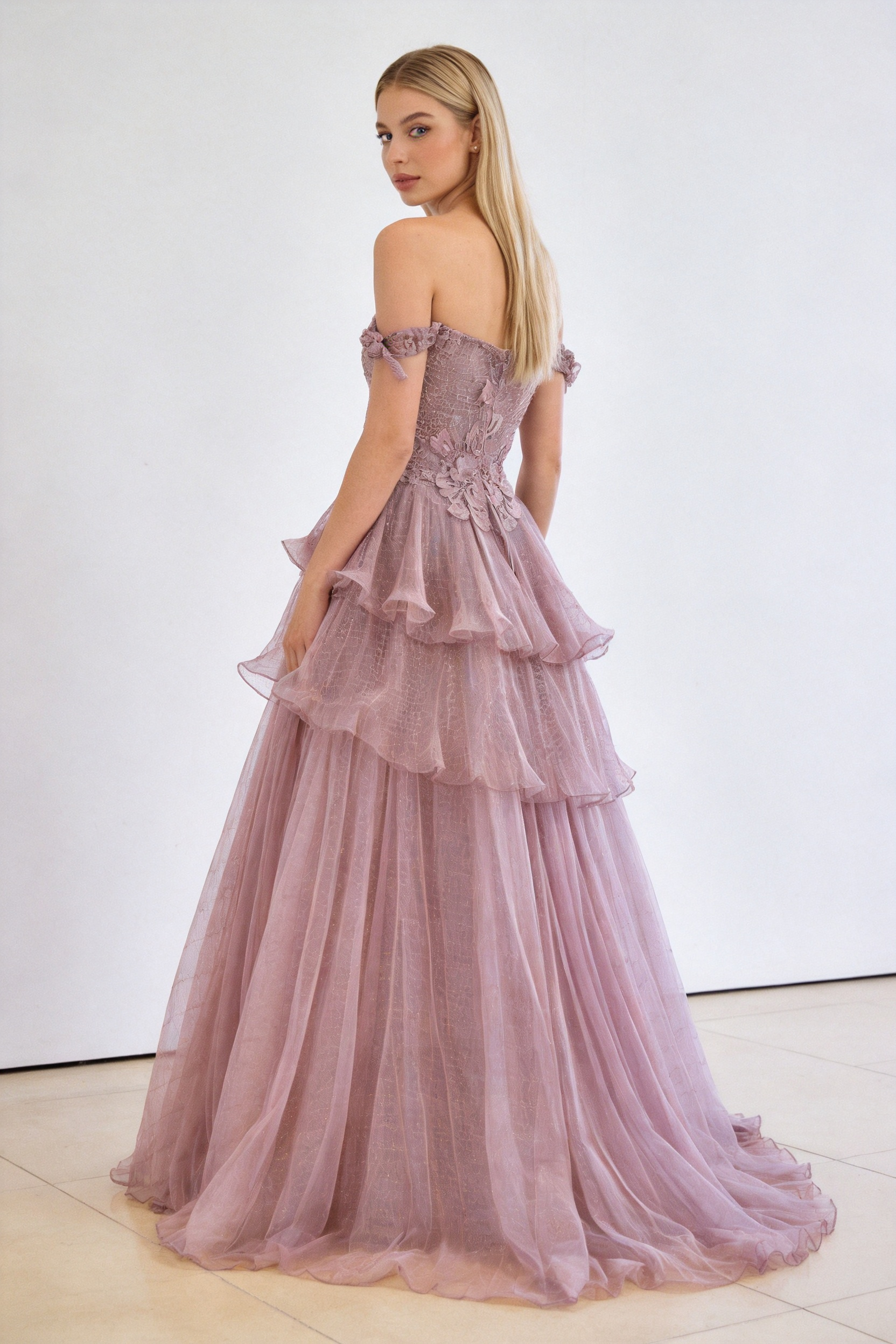 Luxury Pink Dreamy Ruffles Beaded A-Line Evening Dress LA73385