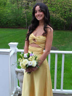 Yellow Strapless Satin Knot Front Twist Bodice Maxi Prom Dress Cutout