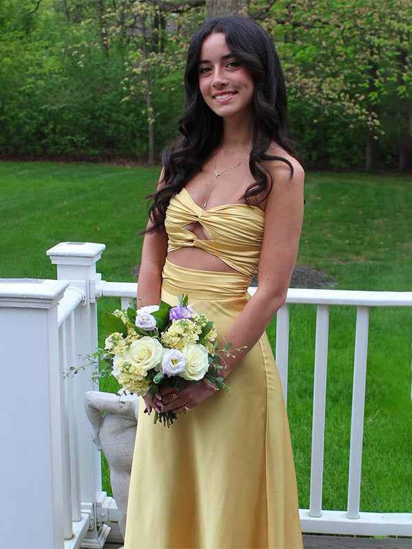 Yellow Strapless Satin Knot Front Twist Bodice Maxi Prom Dress Cutout