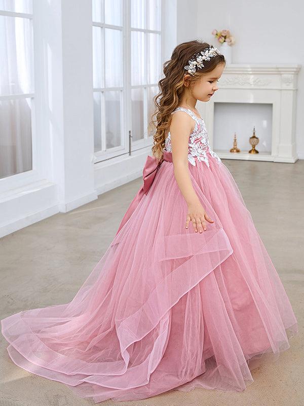 Pink Princess Flower Girl Dress With Sleeveless Tulle And Lace