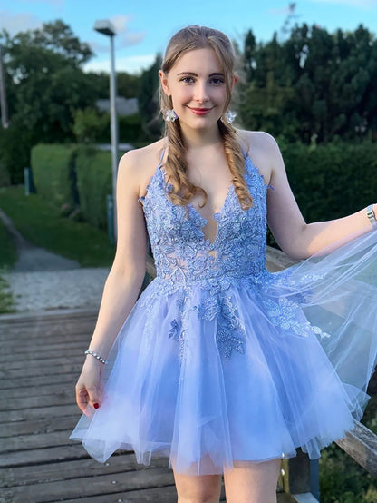 A Line Applique BlushTulle Short Homecoming Dress