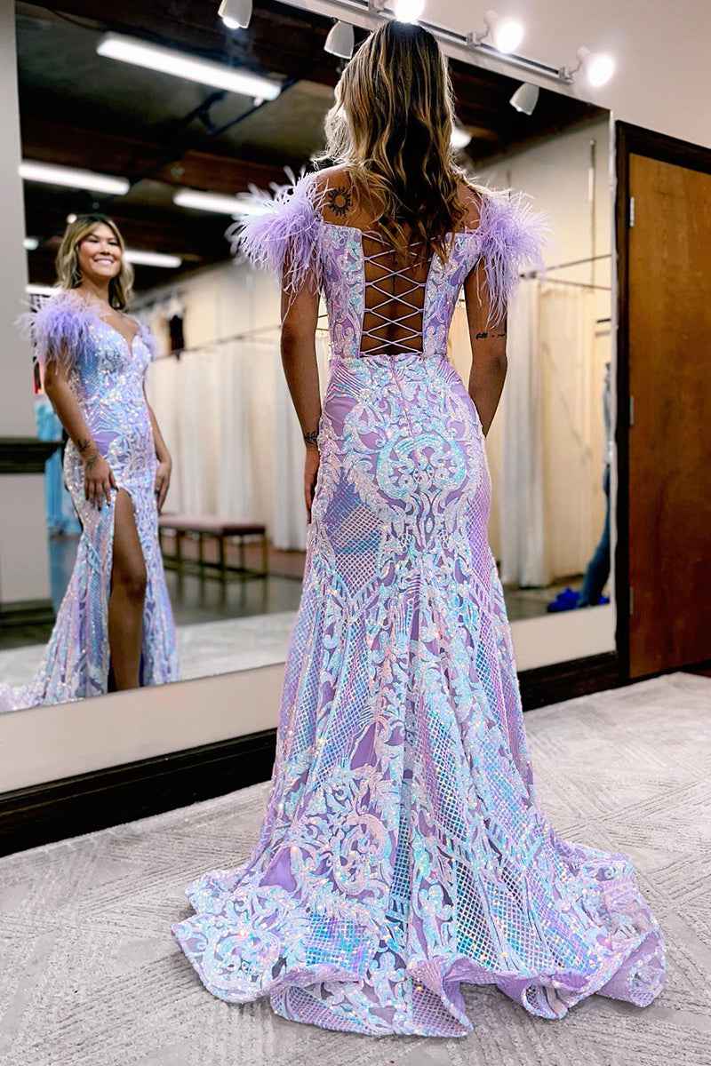 Royal Blue Off Shoulder Mermaid Sequin Prom Dress With Feather