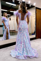 Royal Blue Off Shoulder Mermaid Sequin Prom Dress With Feather