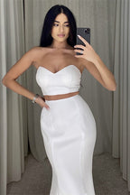 Two Piece Strapless Long Mermaid White Prom Dress