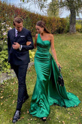 Custom One Shoulder Sleeveless Dark Green Pleated Long Prom Dress