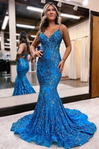 Abito da sera sirena senza maniche con spalline sottili e applicazioni di paillettes blu