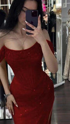 Sequins Off Shoulder Sleeveless Long Prom Dress With Slit Custom Color Available