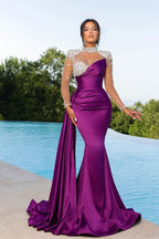 Bmbridal Purple Long Sleeves Mermaid Ruffle Gown With Crystals