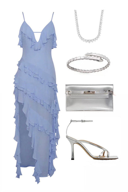 Can't Escape Love – Chiffon-Maxikleid mit mehrlagigen Rüschen und unregelmäßigem Schlitz 