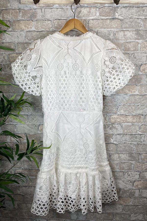 Vestido mini con botones y mangas abullonadas de encaje de crochet Sweet Valor 