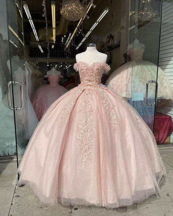 Abito da ballo rosa con applicazioni di pizzo e spalle scoperte, vestito per sedicesimo compleanno Y2735