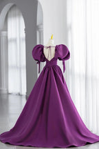 Langes Ballkleid aus Satin mit violetten Puffärmeln und V-Ausschnitt Abendkleid Y856