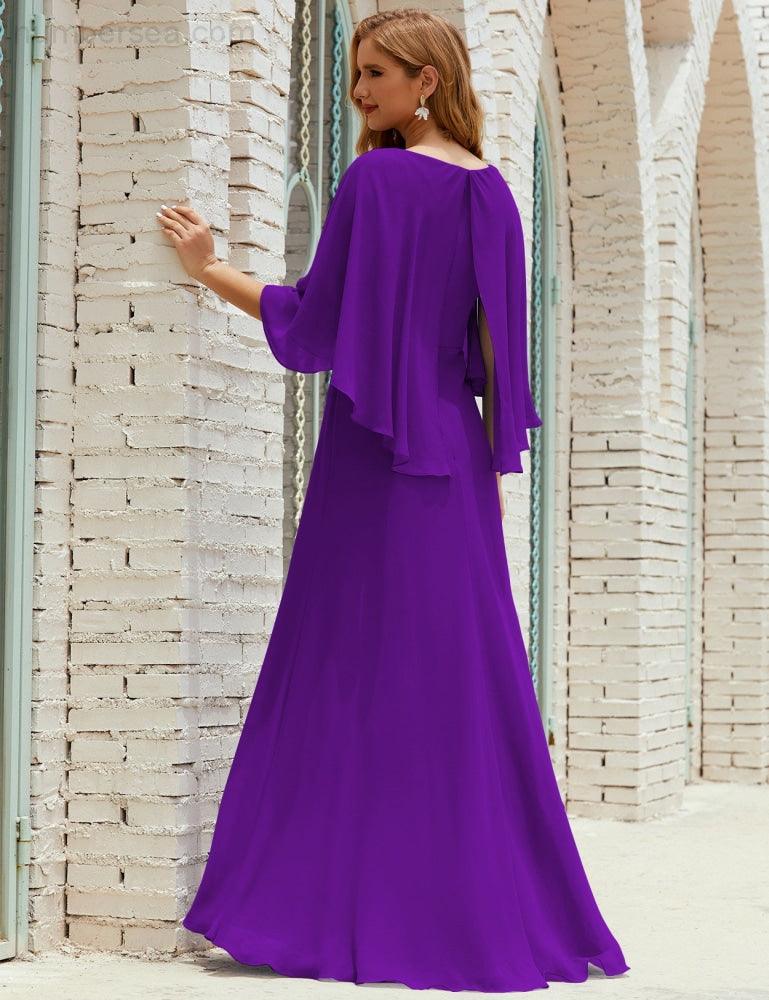 Abito da Damigella Donna Manica Lunga Scollatura a V Chiffon Abito da Cerimonia Matrimonio Festa 28018