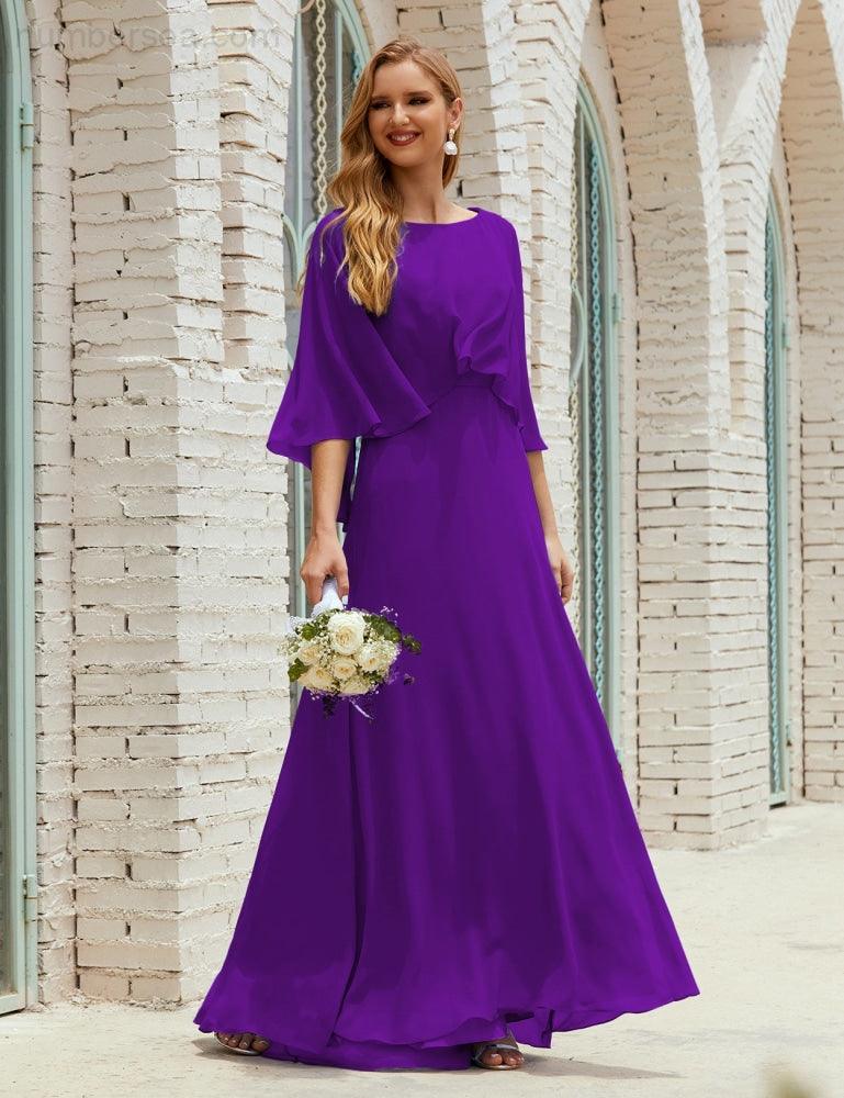 Abito da Damigella Donna Manica Lunga Scollatura a V Chiffon Abito da Cerimonia Matrimonio Festa 28018