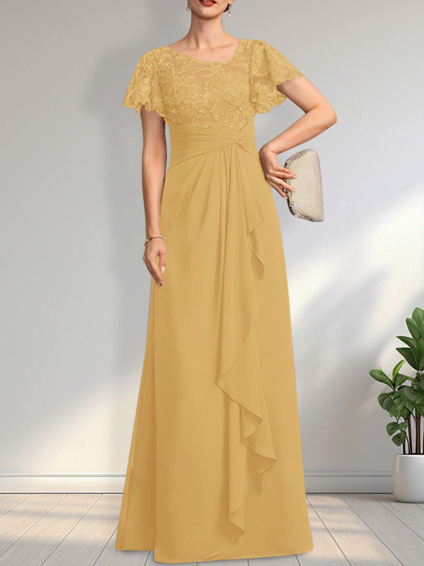 Robe de mère de la mariée en dentelle et mousseline, longueur au sol, illusion asymétrique en ligne A, avec volants en cascade et paillettes