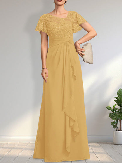 Vestido de madre de la novia de gasa con encaje, ilusión asimétrica, largo hasta el suelo, con volantes en cascada y lentejuelas. 