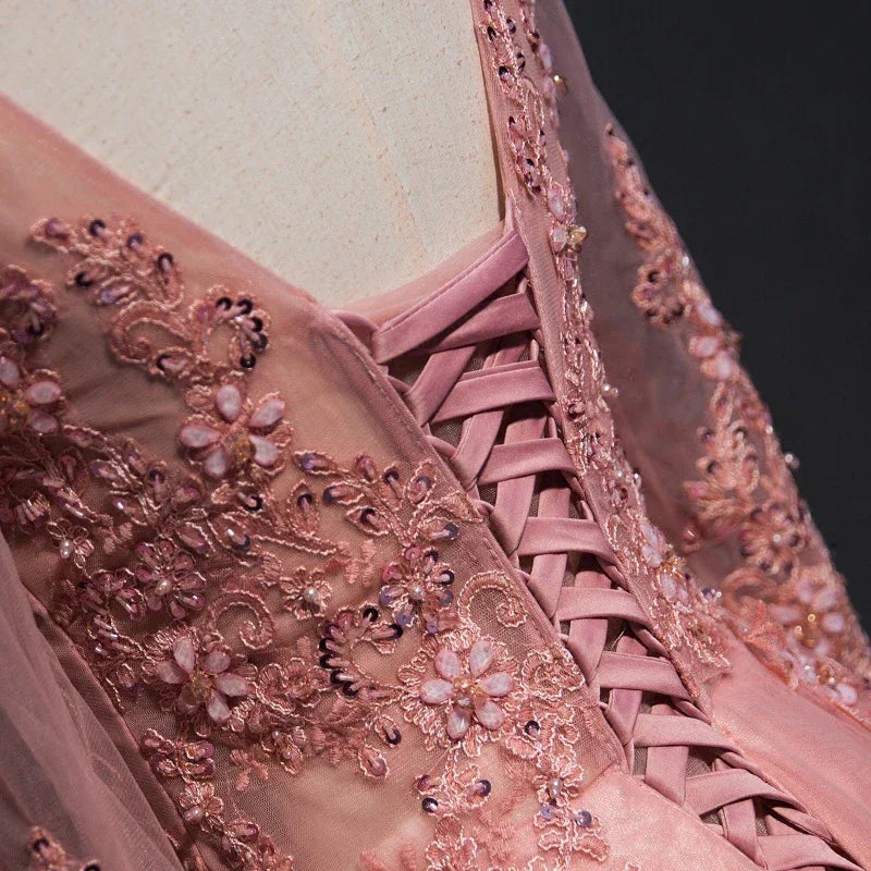 ABITO DA SERA ELEGANTE A LINEA A CON SCOLLATURA A U, LUNGO FINO AL PAVIMENTO, IN TULLE ROSA CON APPLICAZIONI, ABITO DA BALLO Y1177