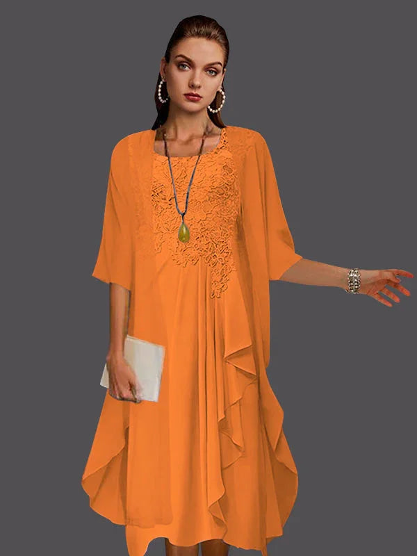 Vestidos de dos piezas con chaqueta sin mangas de encaje de gasa en línea A con pliegues y apliques