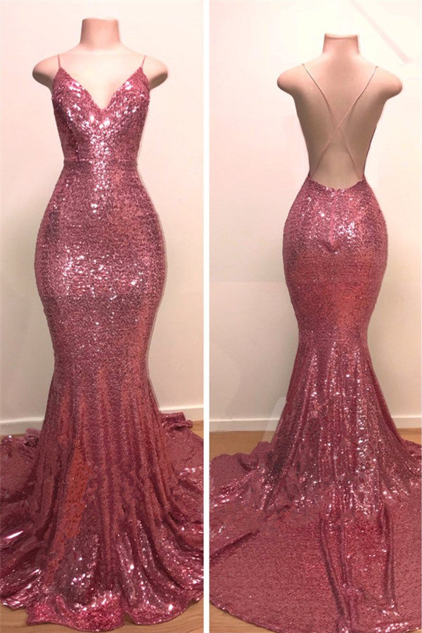 Abito lungo da sera a sirena con scollo a V, spalline sottili e paillettes, schiena scoperta