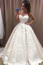 Long Ball Gown Wedding Dress With Sweetheart Neckline And Lace Floral Appliques