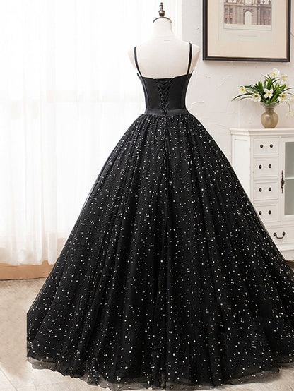 Langes schwarzes Ballkleid mit V-Ausschnitt und Glitzer