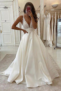 Sleeveless V Neck Appliques Wedding Dress With Romantic Silhouette
