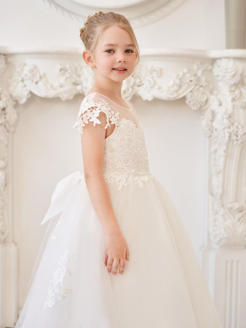 Ivory Lace Tulle First Communion Flower Girl Dress With Detachable Train