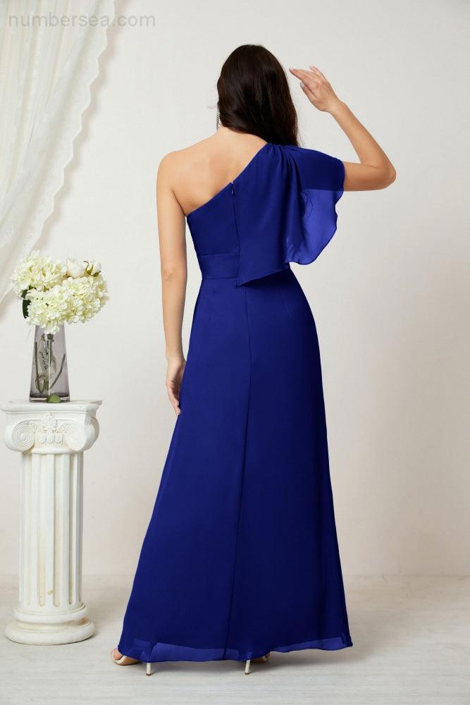 Abito da Sera Formale A-line con Spalla Singola e Balze in Chiffon, Spacco Laterale, per Damigelle, Modello 2809