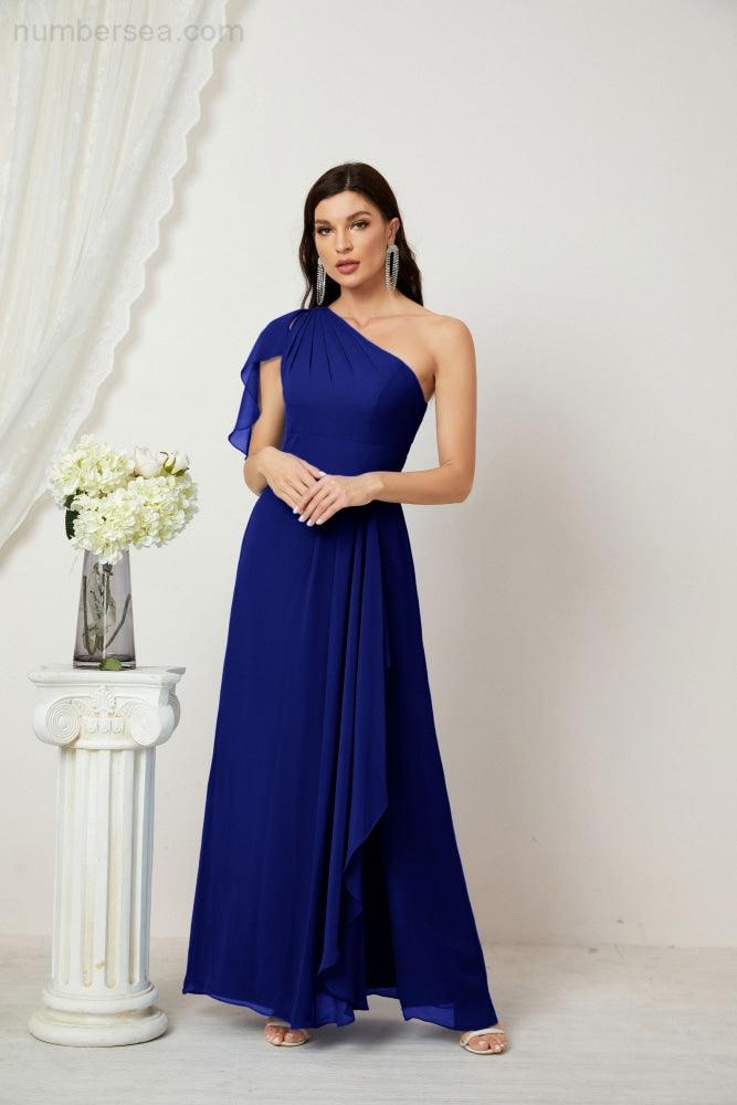 Abito da Sera Formale A-line con Spalla Singola e Balze in Chiffon, Spacco Laterale, per Damigelle, Modello 2809