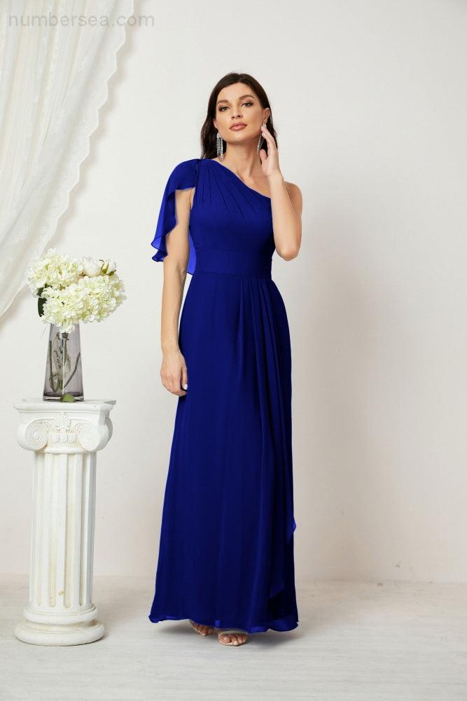 Abito da Sera Formale A-line con Spalla Singola e Balze in Chiffon, Spacco Laterale, per Damigelle, Modello 2809