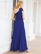 Robe de mariée longue asymétrique en mousseline à volants, sans manches et fendue sur le côté, modèle 28057