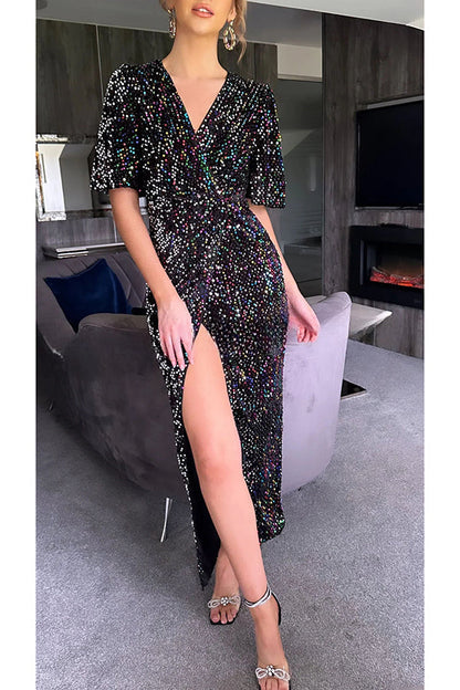 Glow All Night Pailletten-Party-Maxikleid mit Glockenärmeln und Schlitz 