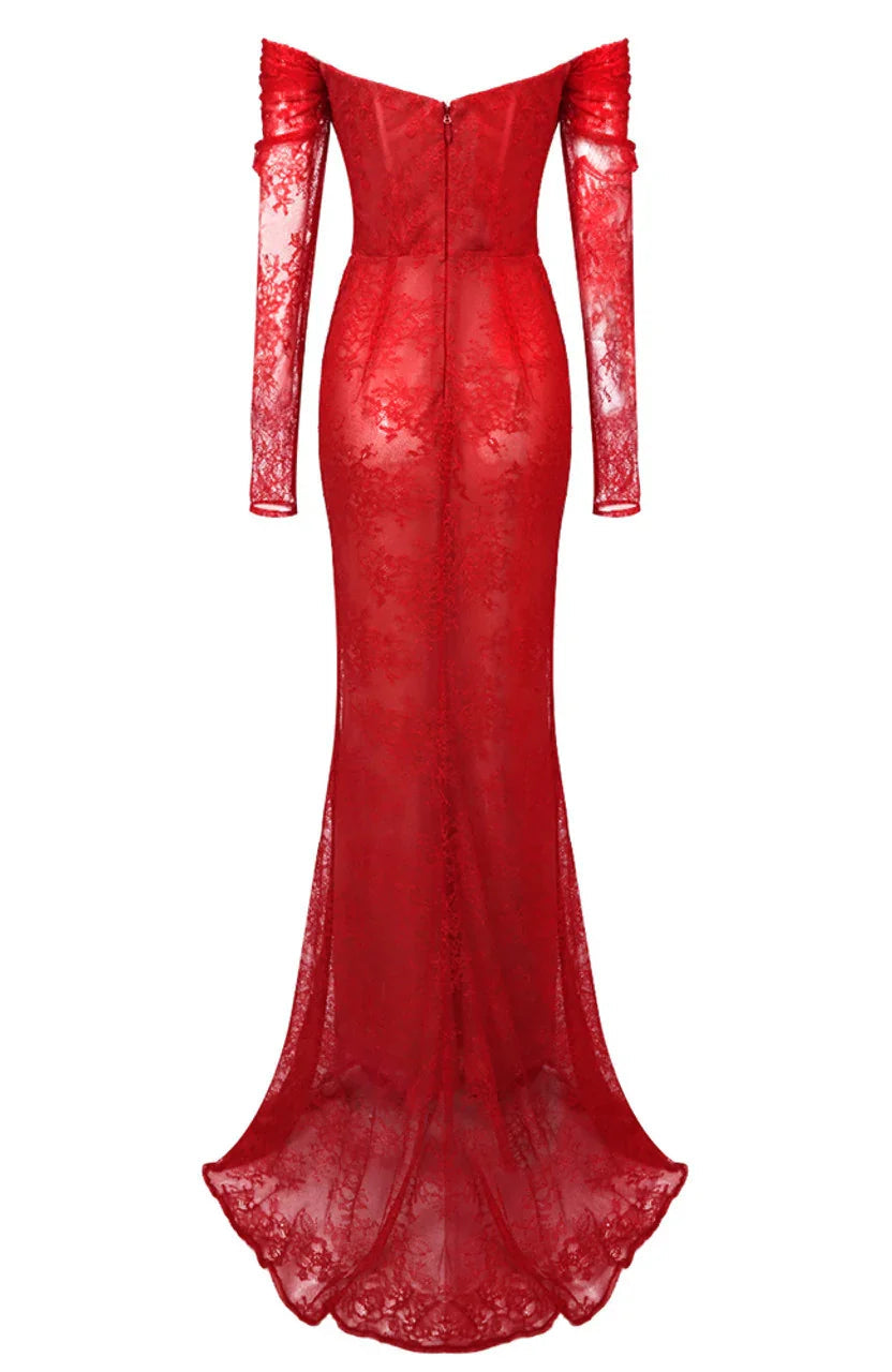 Splendido Abito da Sera Rosso in Pizzo Plissettato Elegante Abito da Ballo Y7694