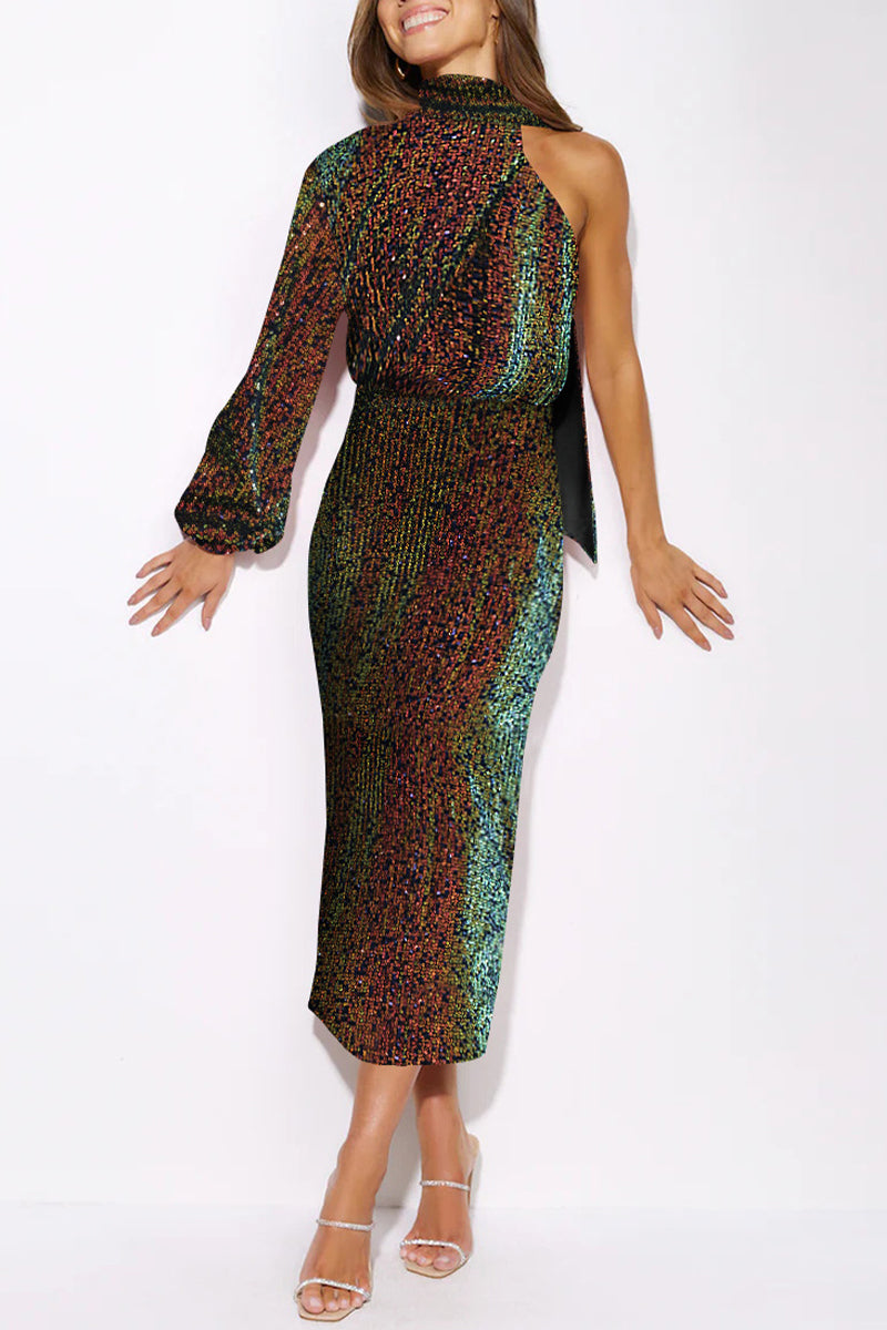 Abito da sera elegante e formale in tinta unita con paillettes e spacco, modello halter (6 colori)