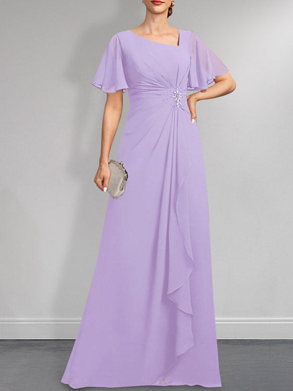 Robe de mère de la mariée en mousseline asymétrique longue jusqu'au sol, coupe en A, ornée de perles plissées et de paillettes