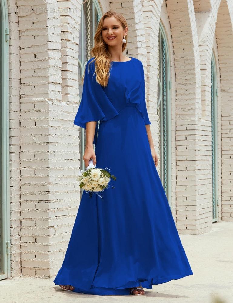 Abito da Damigella Donna Manica Lunga Scollatura a V Chiffon Abito da Cerimonia Matrimonio Festa 28018