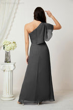 Abito da Sera Formale A-line con Spalla Singola e Balze in Chiffon, Spacco Laterale, per Damigelle, Modello 2809