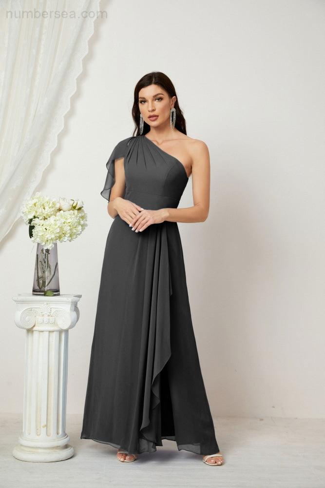 Abito da Sera Formale A-line con Spalla Singola e Balze in Chiffon, Spacco Laterale, per Damigelle, Modello 2809