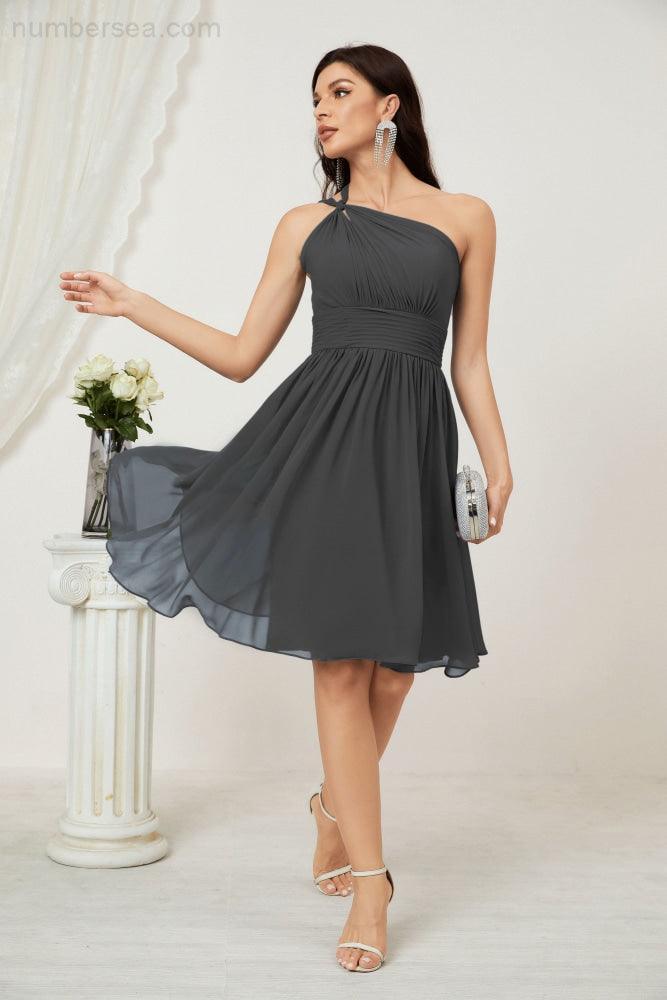 Numbersea Damen Chiffon Kurzes Ein-Schulter Brautjungfernkleid Festliche Kleider für Feier Heimkehr 2804