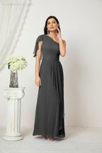 Abito da Sera Formale A-line con Spalla Singola e Balze in Chiffon, Spacco Laterale, per Damigelle, Modello 2809