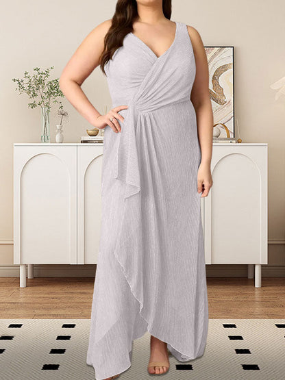 A-Line V-Neck Ruched Metallic Mesh Dress