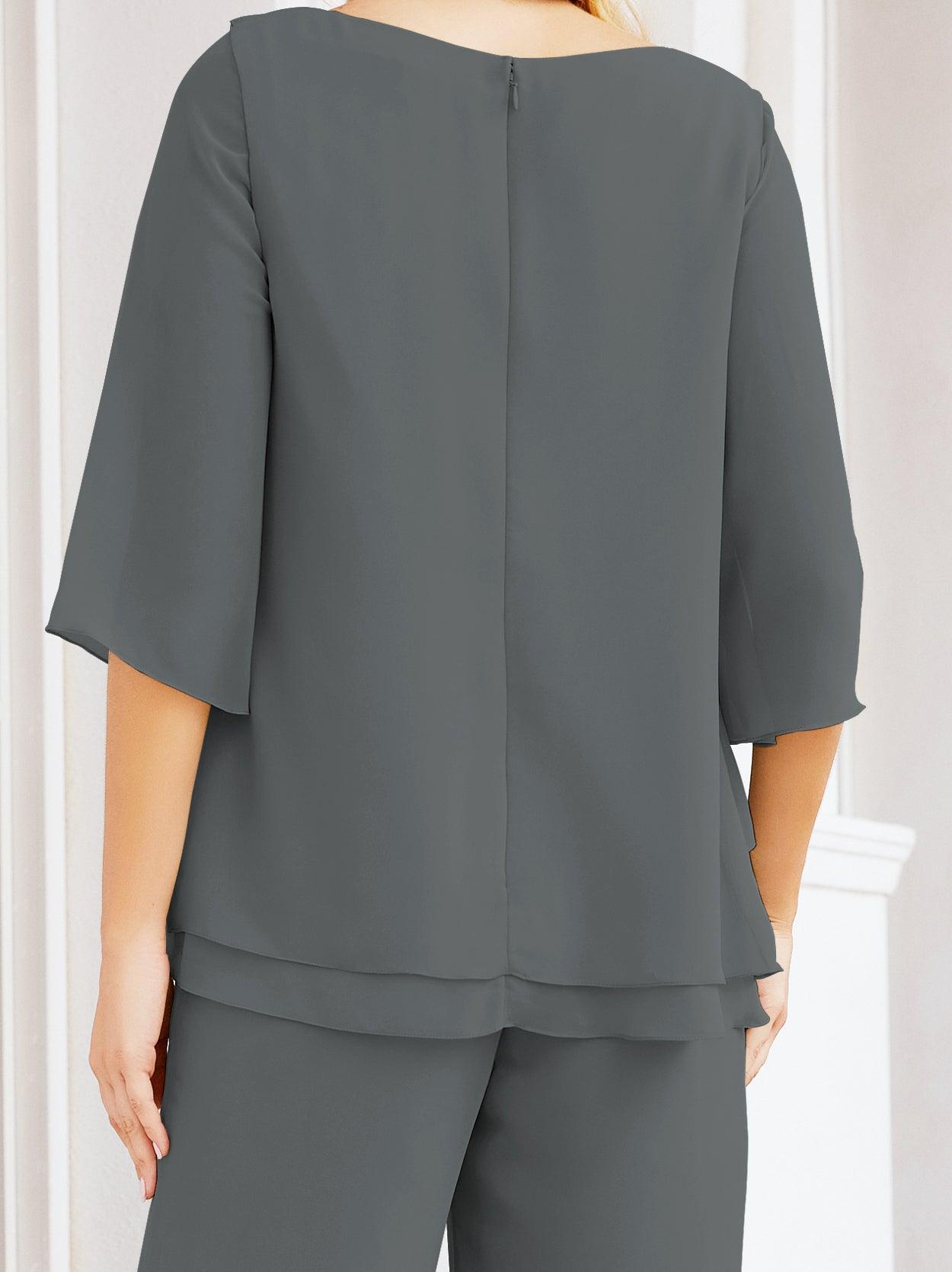 Robe de mariée élégante pour la mère de la mariée en deux pièces, tailleur pantalon grande taille à volants superposés, peignoir argenté 28064