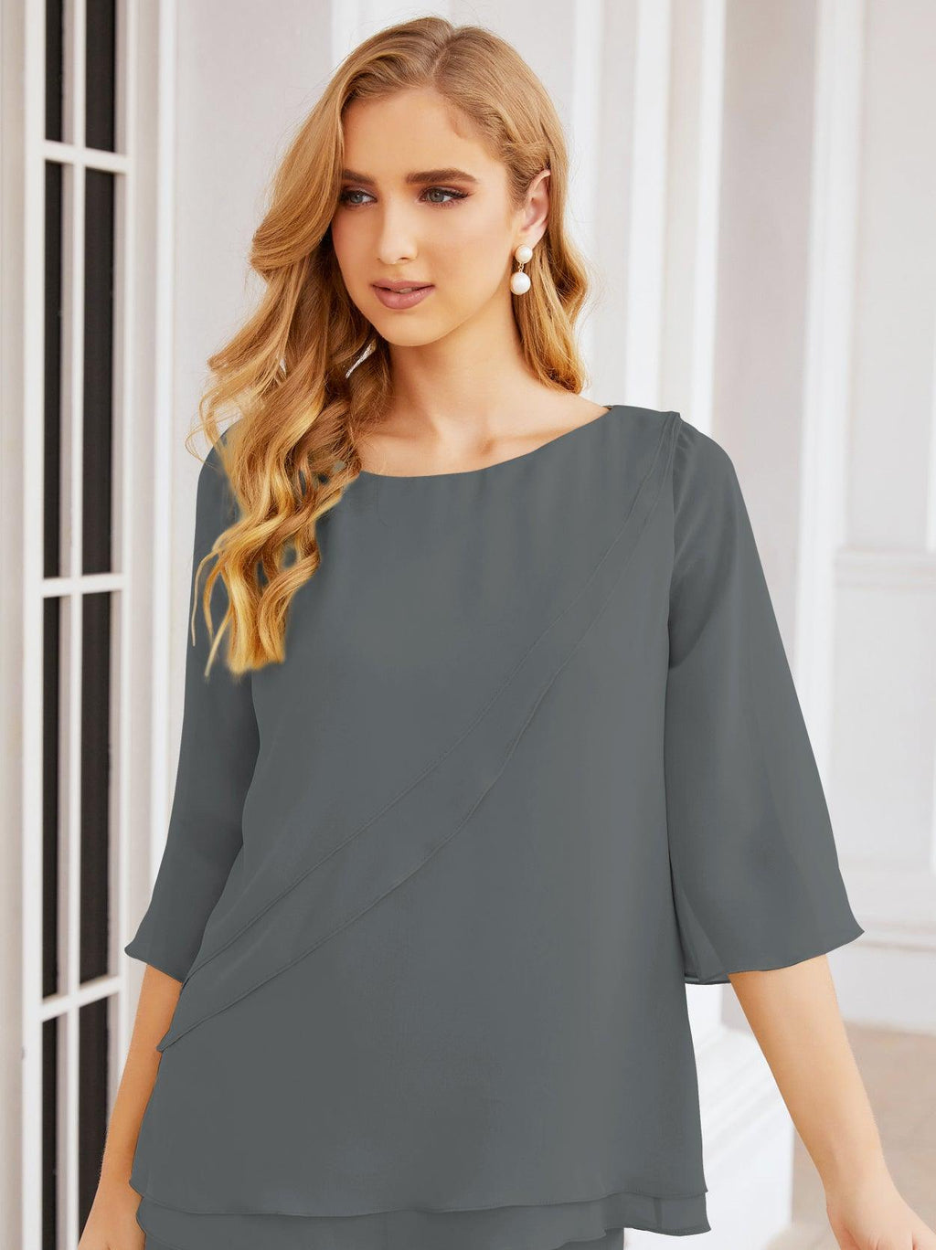 Robe de mariée élégante pour la mère de la mariée en deux pièces, tailleur pantalon grande taille à volants superposés, peignoir argenté 28064