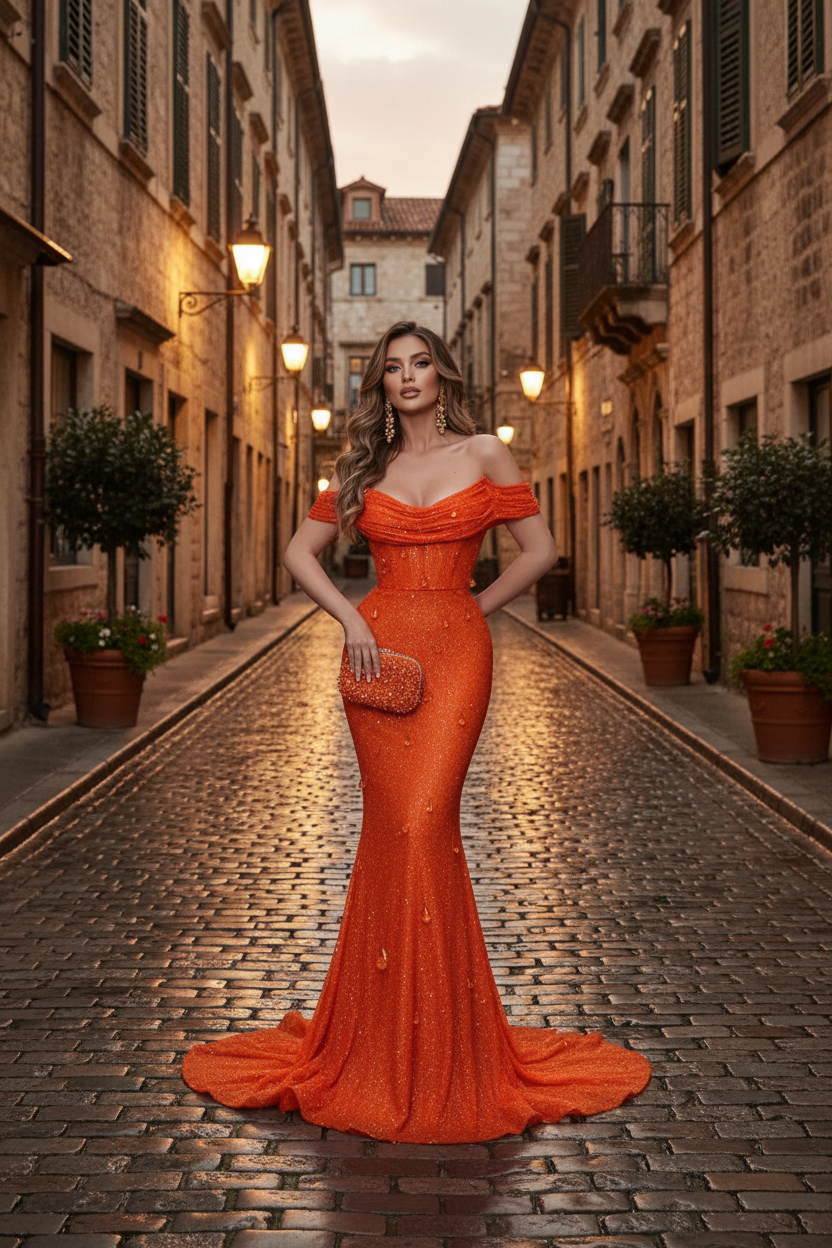 Orange Off The Shoulder Strapless Sleeveless Prom Dress With Sequins Mermaid